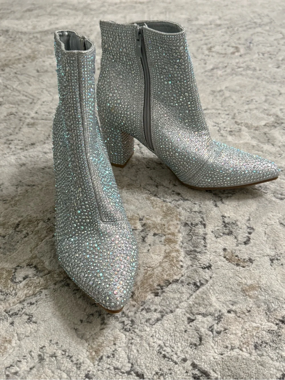 Women’s Sparkly Silver Rhinestone Ankle Boots Block Heel Pointed Toe